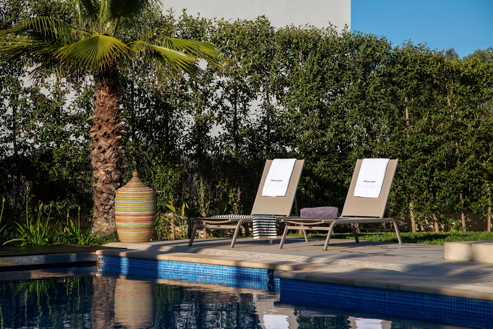 Pool and sun loungers in the morning sun